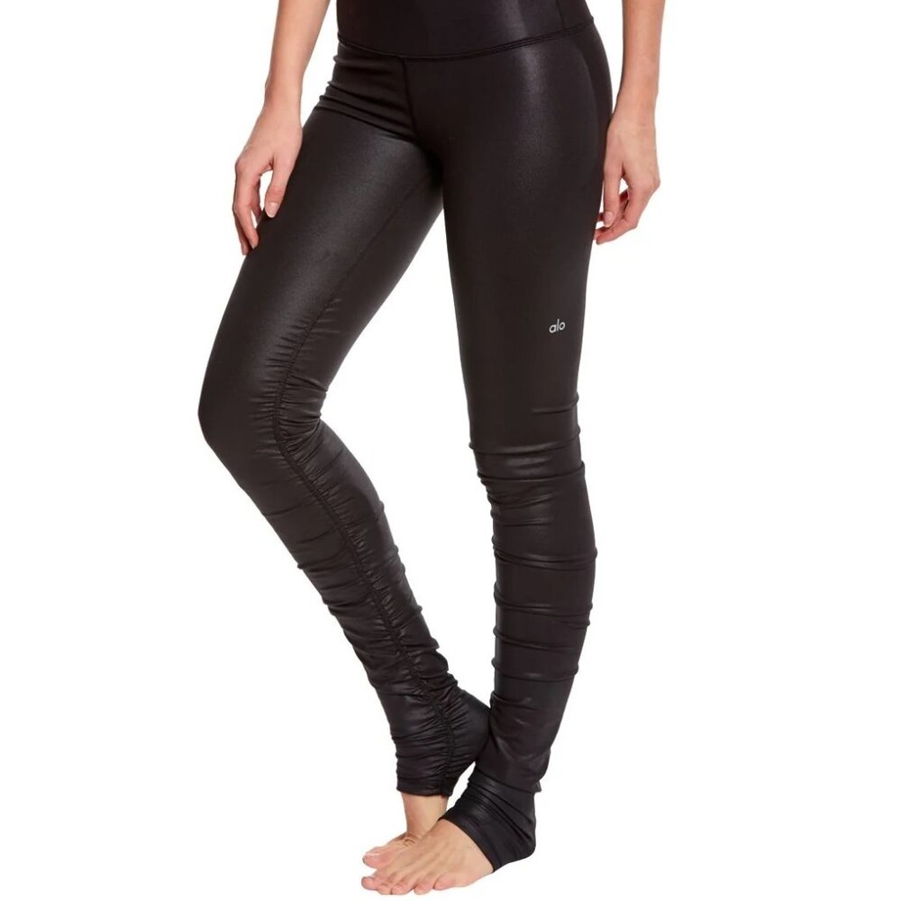 ALO Yoga Black Shiny Ruched Leggings
